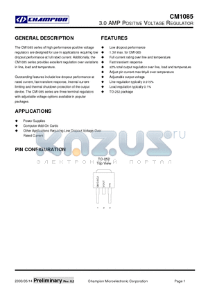 CM1085KCN252 datasheet - 3.0 AMP POSITIVE VOLTAGE REGULATOR