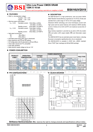BS616UV2019 datasheet - Ultra Low Power CMOS SRAM 128K X 16 bit
