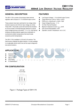 CM1117ACM89 datasheet - 600mA LOW DROPOUT VOLTAGE REGULATOR