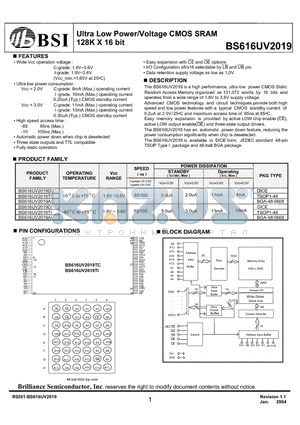 BS616UV2019DI-10 datasheet - Ultra Low Power/Voltage CMOS SRAM 128K X 16 bit