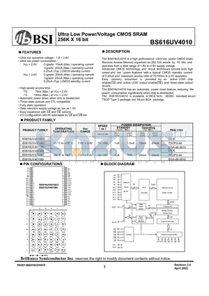 BS616UV4010EC datasheet - Ultra Low Power/Voltage CMOS SRAM 256K X 16 bit