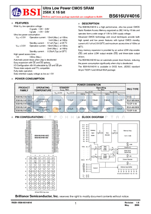BS616UV4016DCG10 datasheet - Ultra Low Power CMOS SRAM 256K X 16 bit