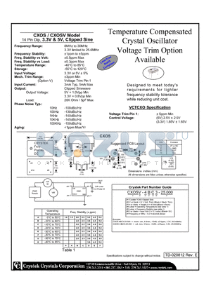 CXOSV-4BF-25.000 datasheet - Temperature Compensated Crystal Oscillator Voltage Trim Option Available 14 Pin Dip, 3.3V & 5V, Clipped Sine