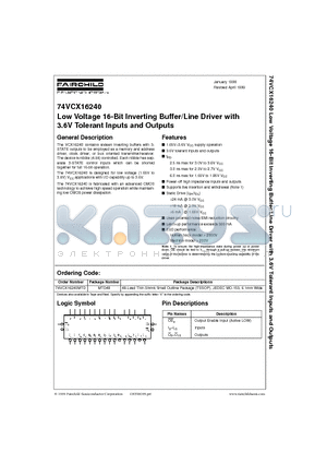 74VCX16240 datasheet - Low Voltage 16-Bit Inverting Buffer/Line Driver with 3.6V Tolerant Inputs and Outputs