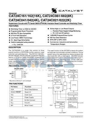 CAT24C021PI-45TE13 datasheet - Supervisory Circuits with I2C Serial CMOS E2PROM, Precision Reset Controller and Watchdog Timer
