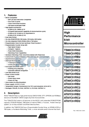 AT83C51RC2-SLSUM datasheet - High Performance 8-bit Microcontroller