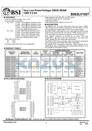 BS62LV1027JCG70 datasheet - Very Low Power/Voltage CMOS SRAM