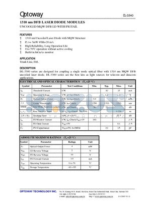 DL-3340-HF datasheet - 1310 nm DFB LASER DIODE MODULES UNCOOLED MQW DFB LD WITH PIGTAIL