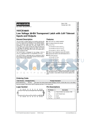 74VCX16841 datasheet - Low Voltage 20-Bit Transparent Latch with 3.6V Tolerant Inputs and Outputs