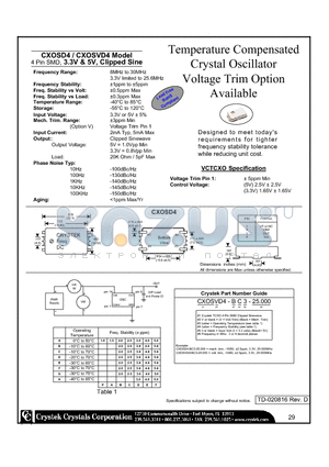 CXOSVD4-AA-25.000 datasheet - Temperature Compensated Crystal Oscillator Voltage Trim Option Available 4 Pin SMD, 3.3V & 5V, Clipped Sine
