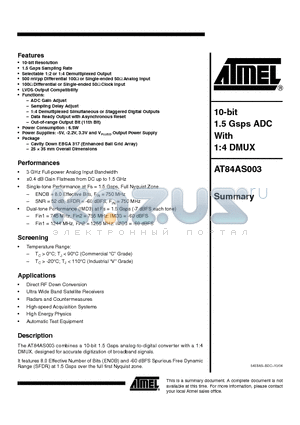 AT84AS003CTP datasheet - 10-bit 1.5 Gsps ADC With 1:4 DMUX