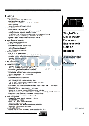 AT85C51SND3B_07 datasheet - Single-Chip Digital Audio Decoder - Encoder with USB 2.0 Interface