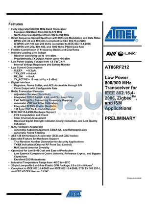 AT86RF212-ZU datasheet - Low Power 800/900 MHz Transceiver for IEEE 802.15.4- 2006, ZigbeeTM, and ISM Applications