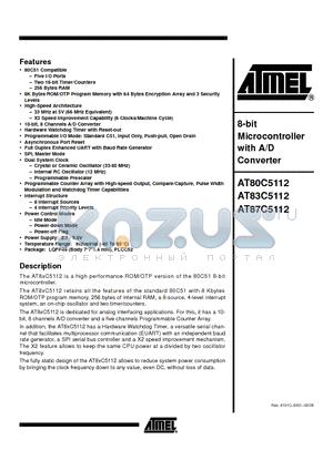 AT87C5112 datasheet - 8-bit Microcontroller with A/D Converter