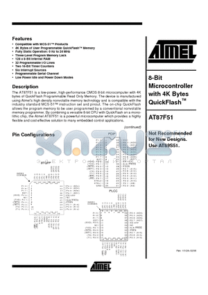 AT87F51-16AC datasheet - 8-Bit Microcontroller with 4K Bytes QuickFlash