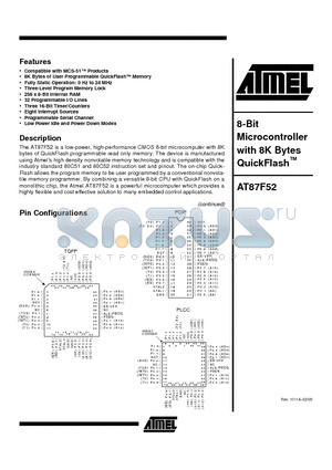 AT87F52-12PC datasheet - 8-Bit Microcontroller with 8K Bytes QuickFlash