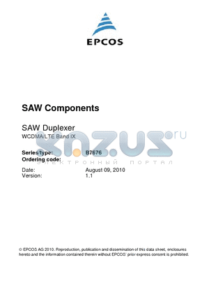 B7676 datasheet - SAW Duplexer WCDMA/LTE Band IX