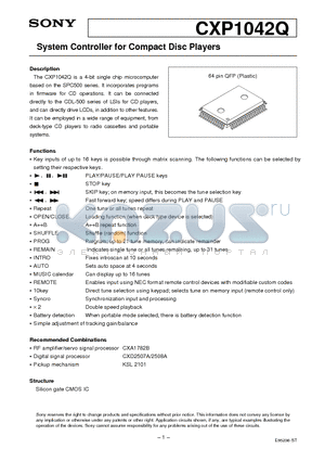 CXP1042Q datasheet - System Controller for Compact Disc Players