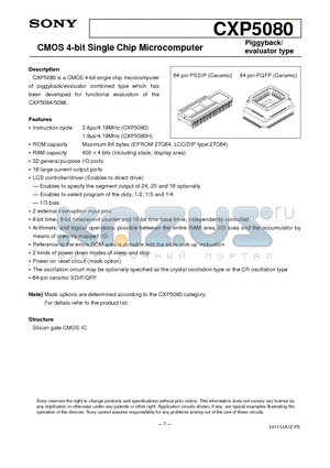 CXP5080 datasheet - CMOS 4-bit Single Chip Microcomputer