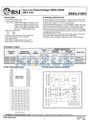 BS62LV1603EI-55 datasheet - Very Low Power/Voltage CMOS SRAM 2M X 8 bit