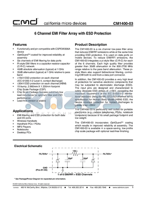 CM1400-03 datasheet - 6 Channel EMI Filter Array with ESD Protection