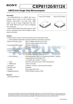 CXP81120 datasheet - CMOS 8-bit Single Chip Microcomputer