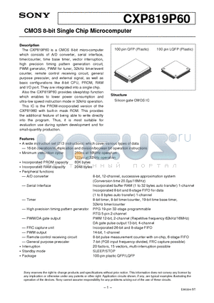 CXP819P60 datasheet - CMOS 8-bit Single Chip Microcomputer