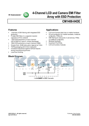 CM1408-04DE datasheet - 4-Channel LCD and Camera EMI Filter Array with ESD Protection