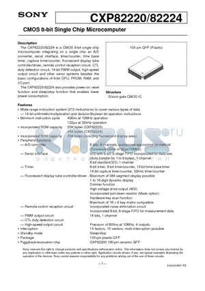 CXP82220 datasheet - CMOS 8-bit Single Chip Microcomputer