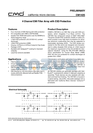 CM1425 datasheet - 4 Channel EMI Filter Array with ESD Protection