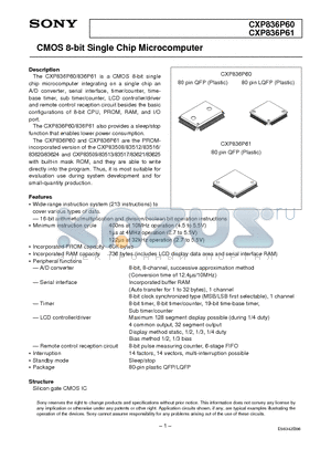 CXP836P61 datasheet - CMOS 8-bit Single Chip Microcomputer