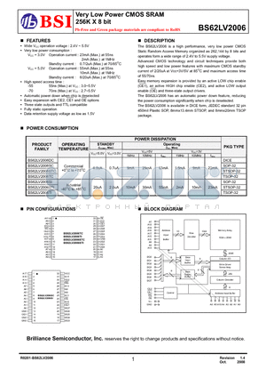 BS62LV2006SCP55 datasheet - Very Low Power CMOS SRAM 256K X 8 bit