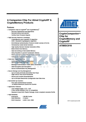AT88SC018 datasheet - CryptoCompanion Chip for CryptoMemory and CryptoRF