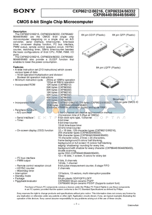 CXP86212 datasheet - CMOS 8-bit Single Chip Microcomputer