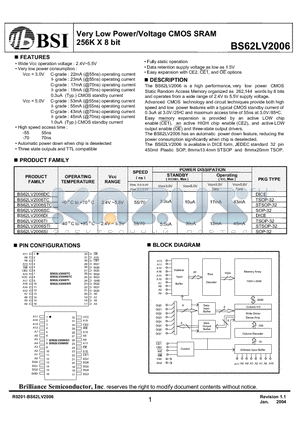 BS62LV2006TCP55 datasheet - Very Low Power/Voltage CMOS SRAM 256K X 8 bit