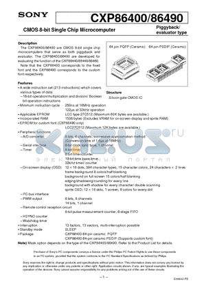 CXP86490 datasheet - CMOS 8-bit Single Chip Microcomputer