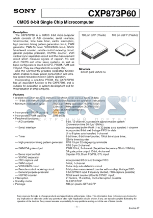 CXP873P60 datasheet - CMOS 8-bit Single Chip Microcomputer