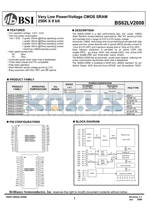 BS62LV2008SIP55 datasheet - Very Low Power/Voltage CMOS SRAM 256K X 8 bit
