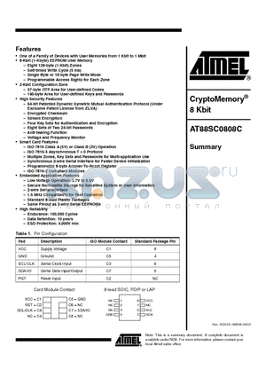 AT88SC0808C-PI datasheet - CryptoMemory 8 Kbit