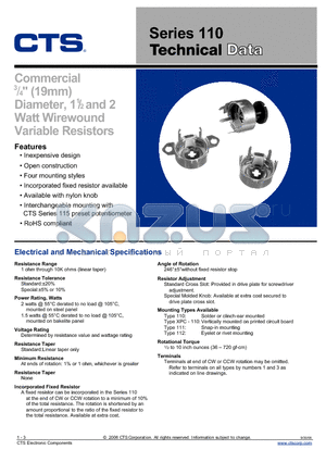 110XA252A1 datasheet - Commercial 3/4inch (19mm) Diameter, 1 1/2 and 2 watt Wirewound Variable Resistor