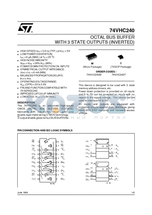 74VHC240 datasheet - OCTAL BUS BUFFER WITH 3 STATE OUTPUTS INVERTED