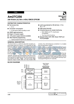 AM27C256-150JC datasheet - 256 Kilobit (32,768 x 8-Bit) CMOS EPROM