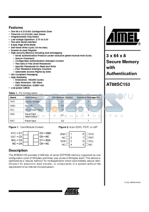 AT88SC153-09ET-00 datasheet - 3 x 64 x 8 Secure Memory with Authentication