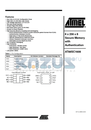 AT88SC1608-10CI-00 datasheet - 8 x 256 x 8 Secure Memory with Authentication