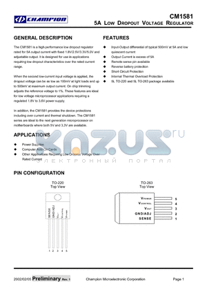 CM1581 datasheet - 5A LOW DROPOUT VOLTAGE REGULATOR