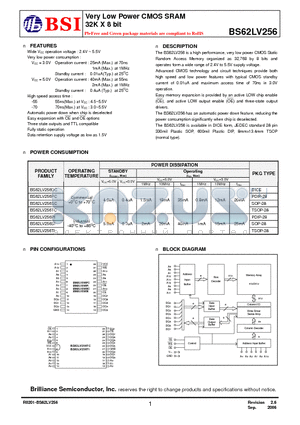 BS62LV256PC55 datasheet - Very Low Power CMOS SRAM 32K X 8 bit