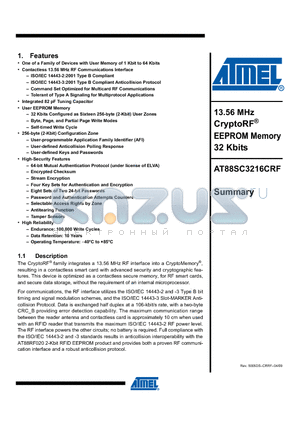 AT88SC3216CRF_09 datasheet - 13.56 MHz CryptoRF^ EEPROM Memory 32 Kbits