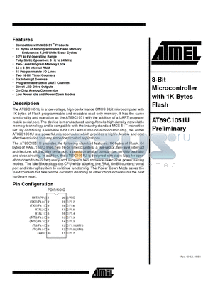 AT89C1051U-12PA datasheet - 8-Bit Microcontroller with 1K Bytes Flash
