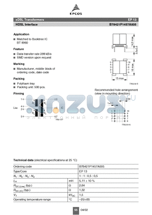 B78421P1457A005 datasheet - xDSL Transformers HDSL Interface