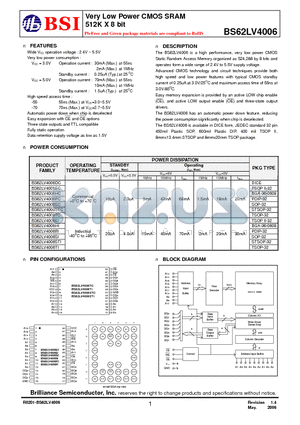 BS62LV4006HCG70 datasheet - Very Low Power CMOS SRAM 512K X 8 bit